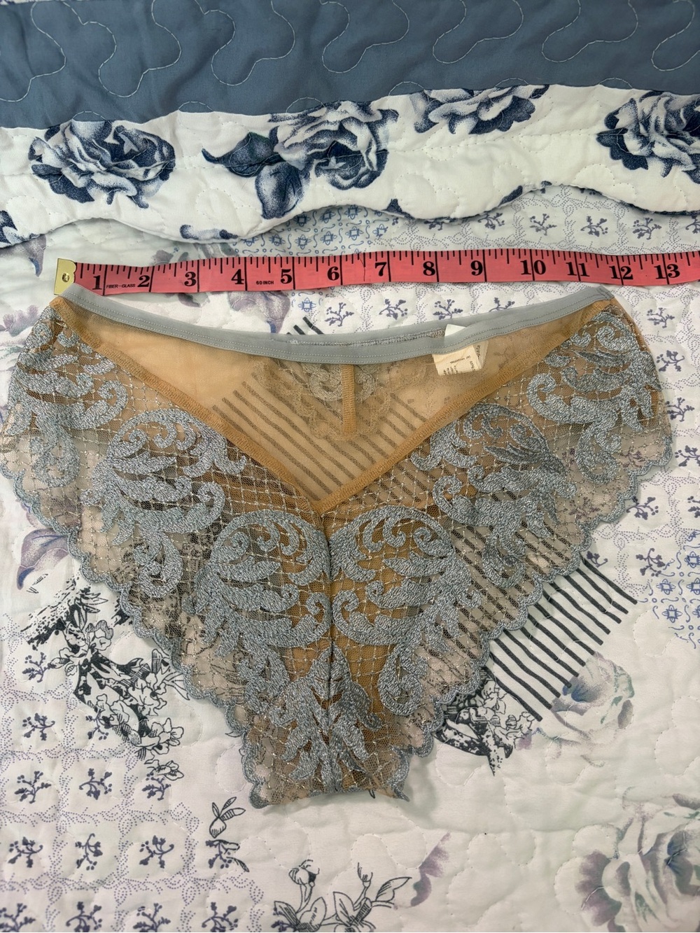 Sheer Lace Hipster Panty in Dusty Blue and Nude